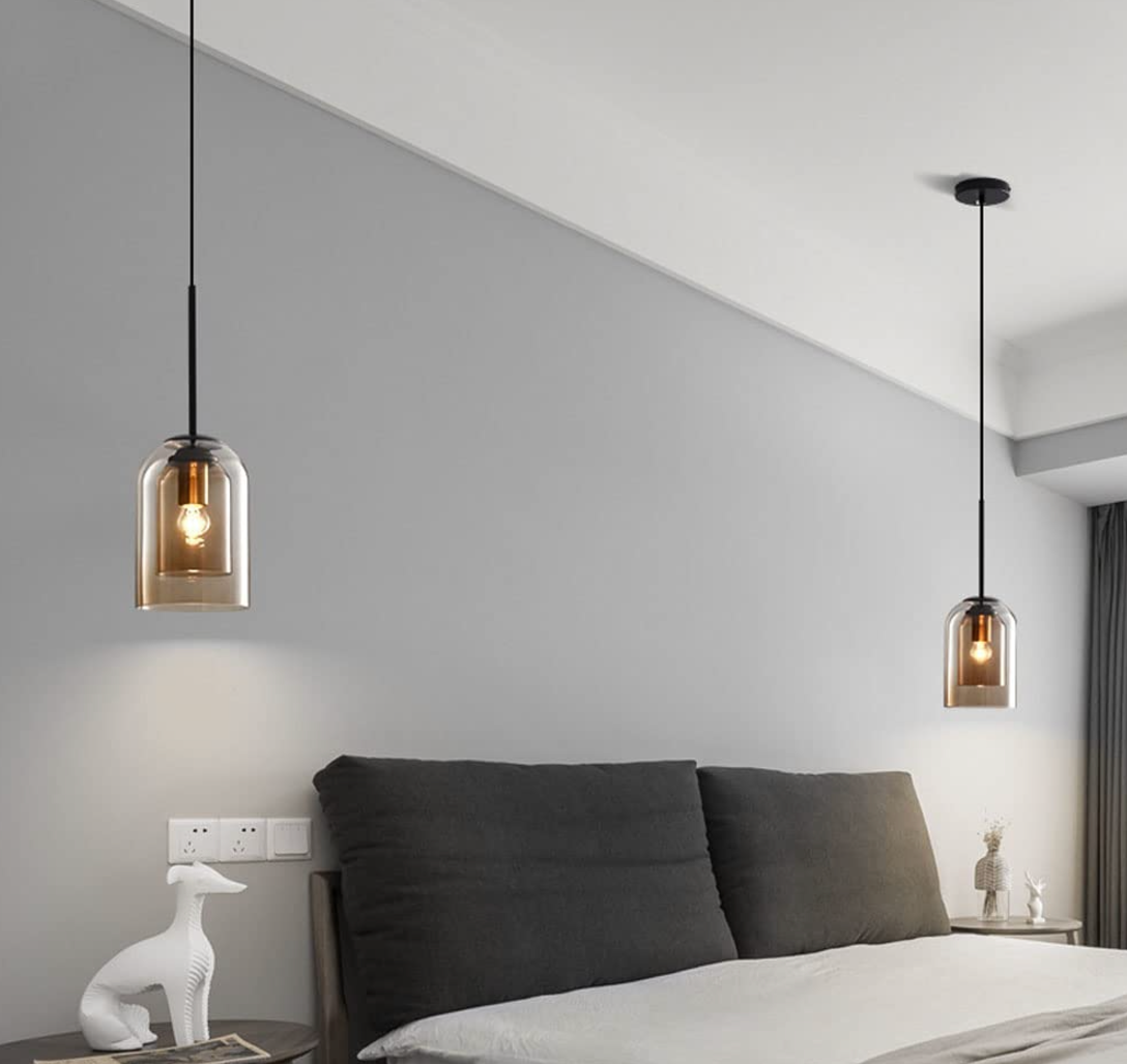 Hanging bedside smoked glass pendant light