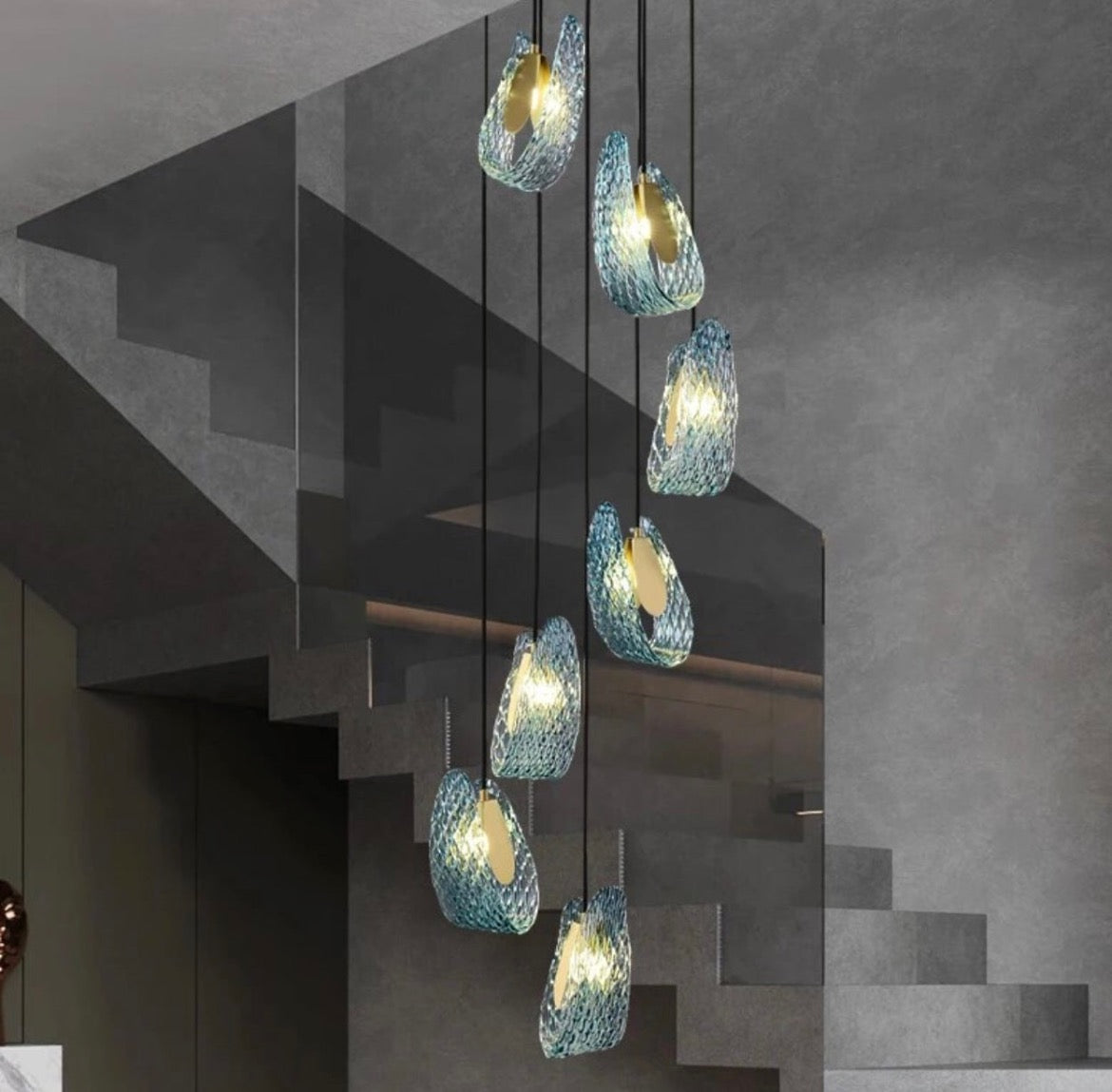 Blue Glass Copper Staircase Light