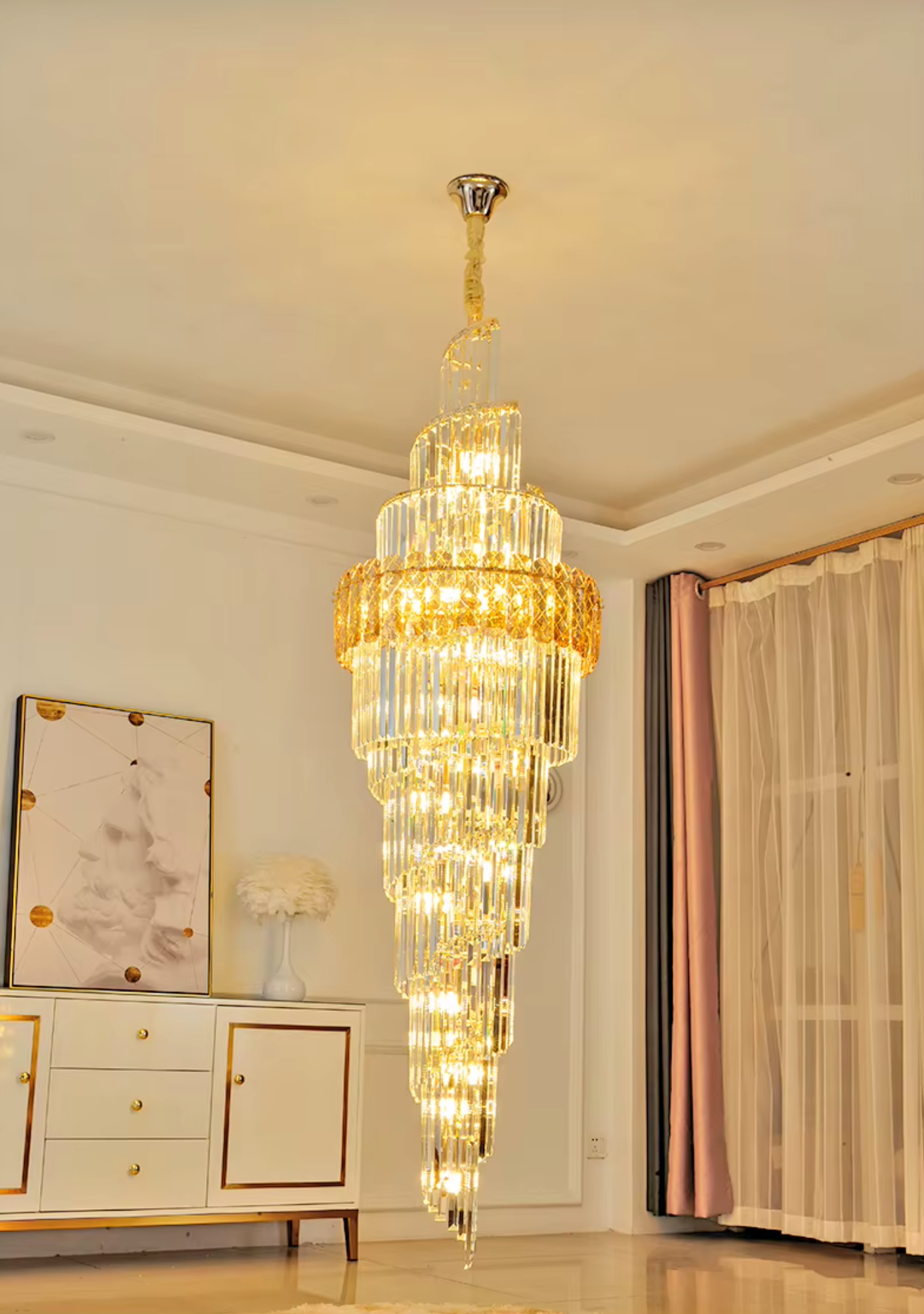 Hanging crystal light fixture for spiral staircases