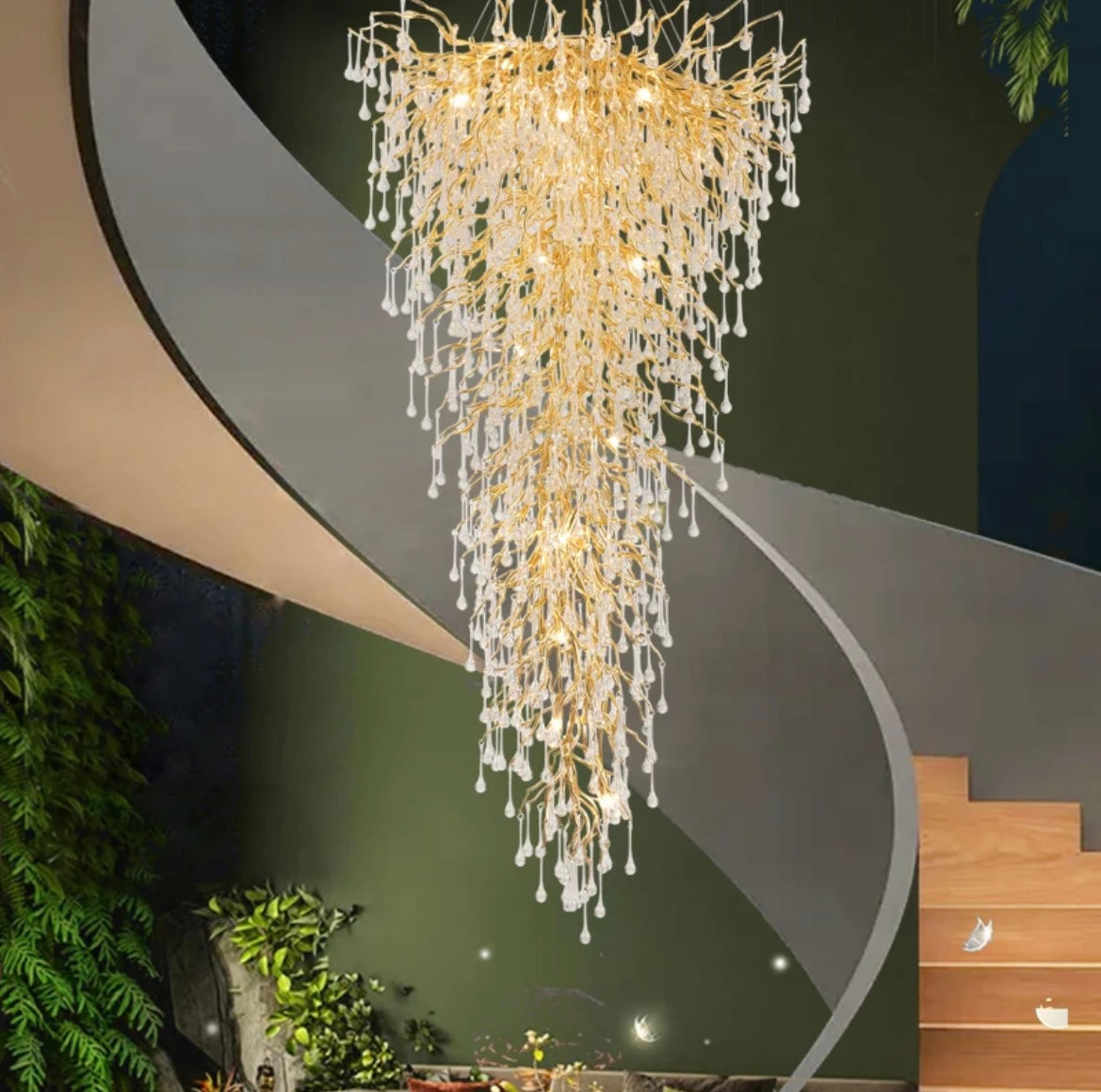 Staircase Water Drop Gold Crystal Chandelier