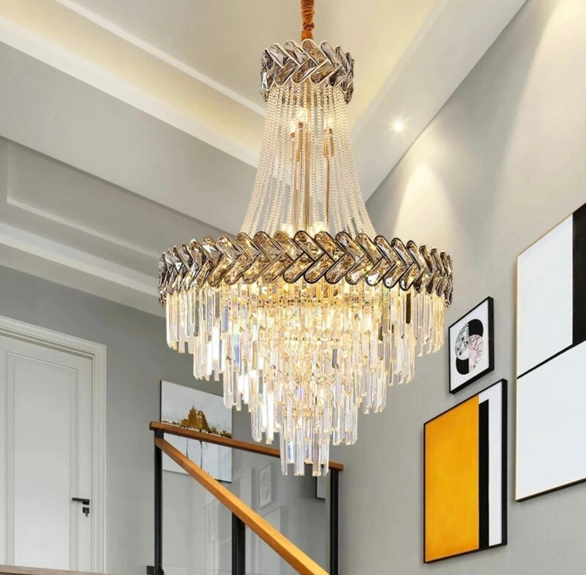 Large luxury LED crystal chandelier creating a stunning focal point in grand entrances