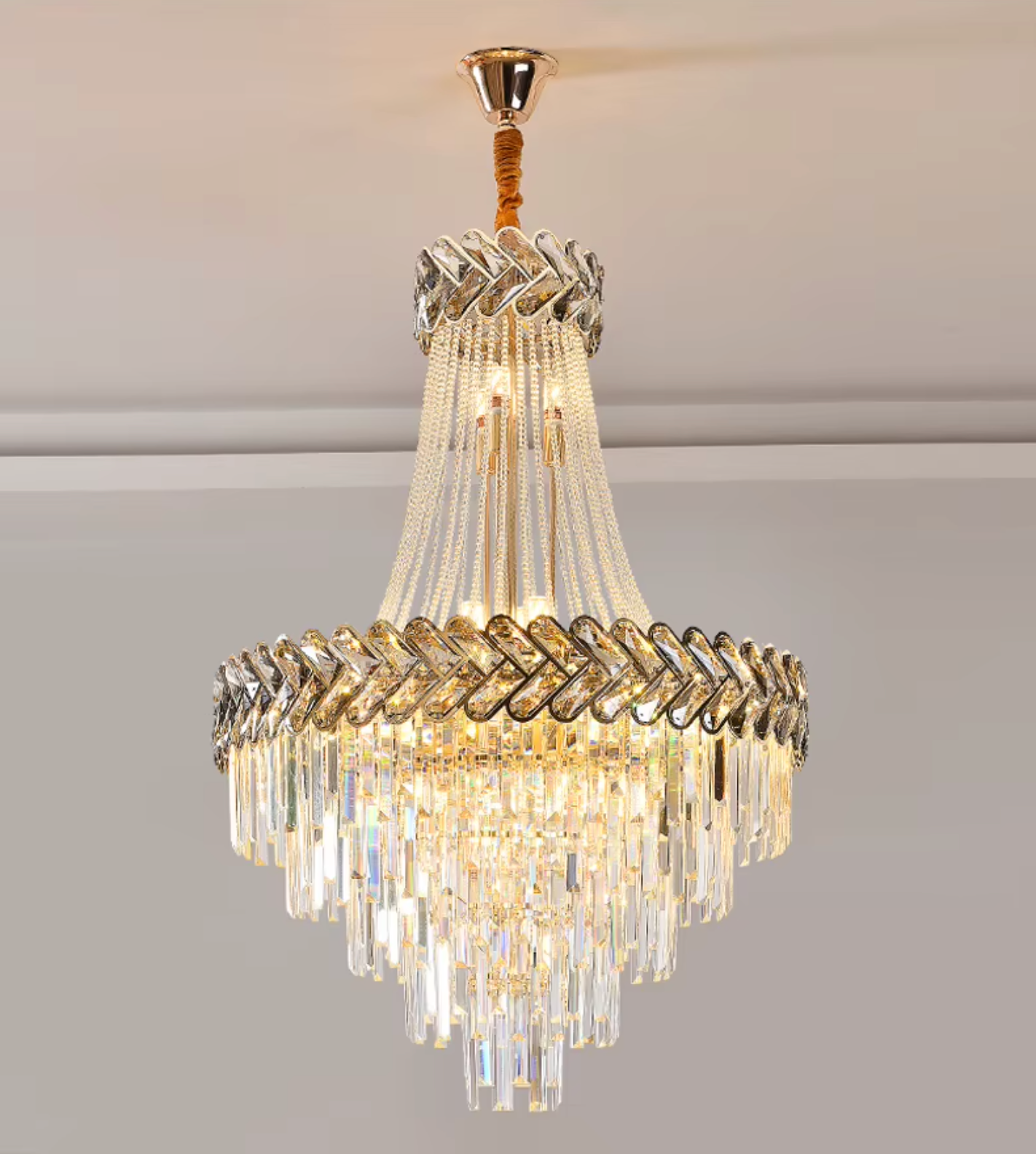 Large luxury LED crystal chandelier creating a stunning focal point in grand entrances