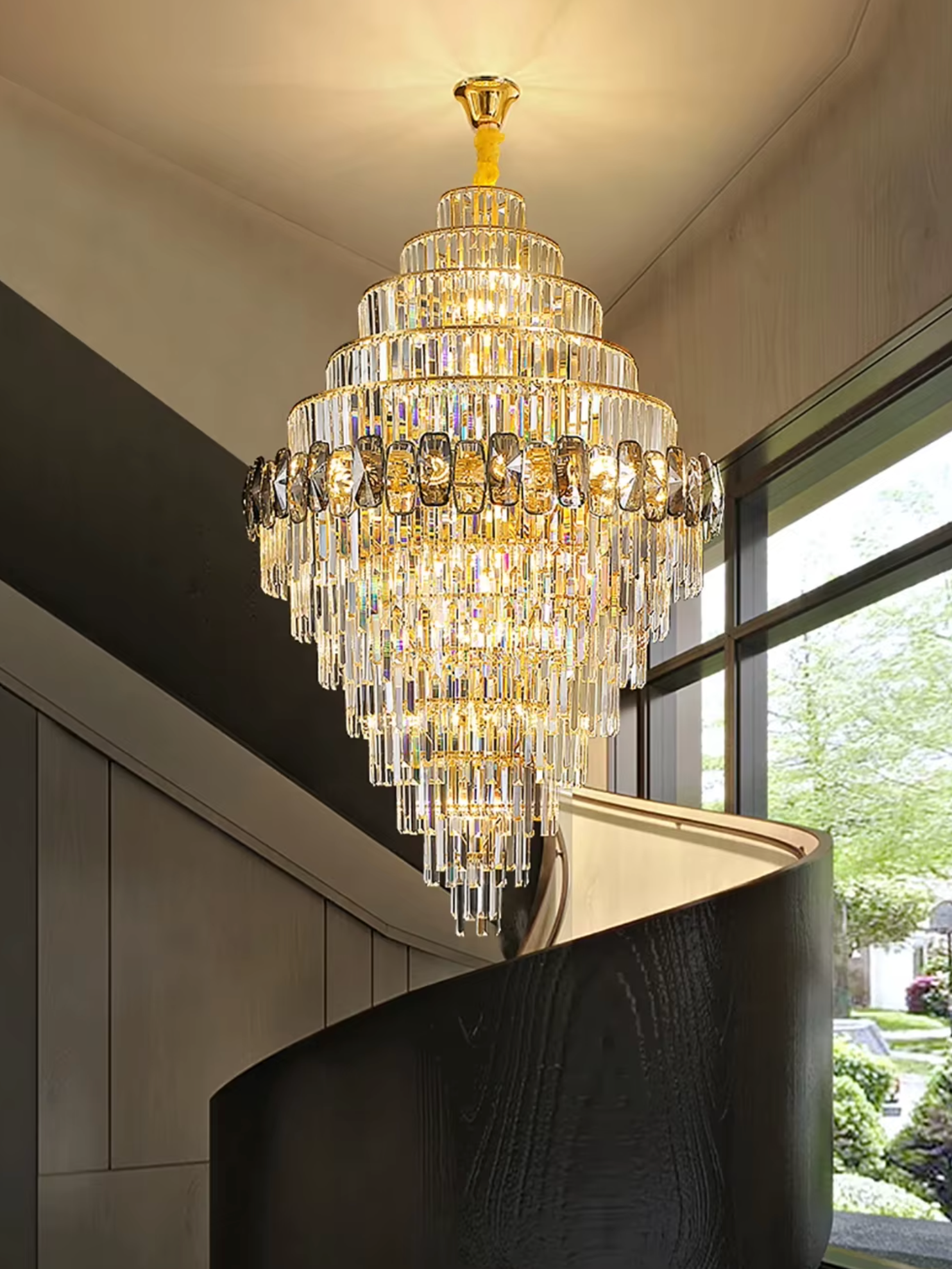 Clear and Smoke Grey Crystal Staircase Chandelier 