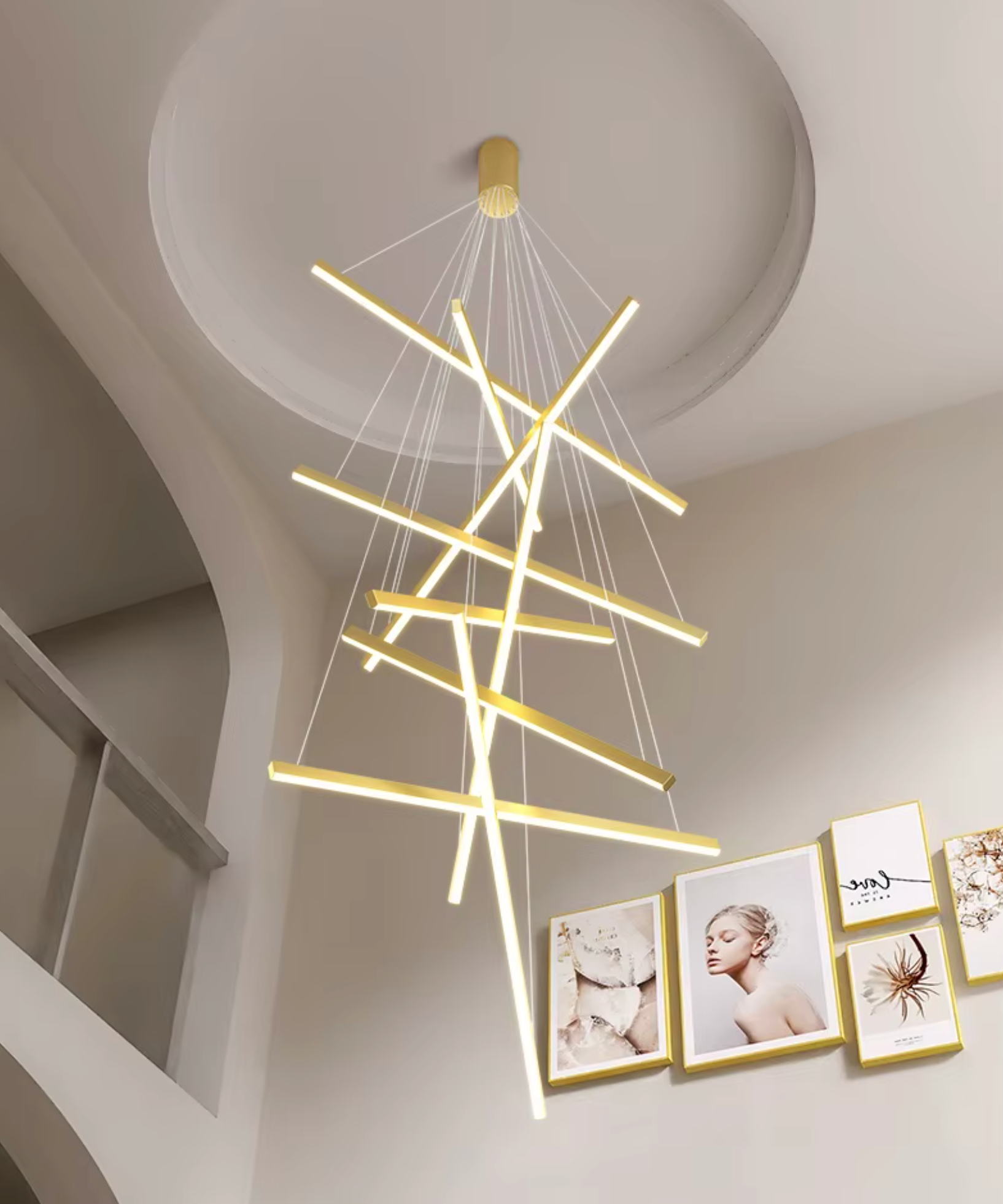 Adjustable geometric gold pendant light with LED illumination