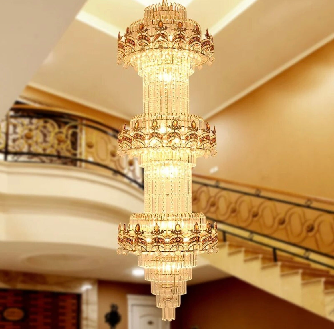 Antique crystal chandelier installed in a grand staircase