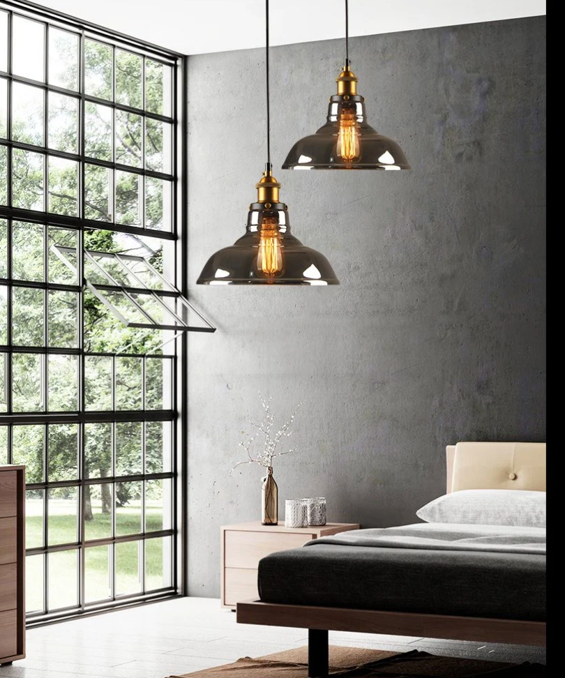 2 hanging black smoked glass pendant light