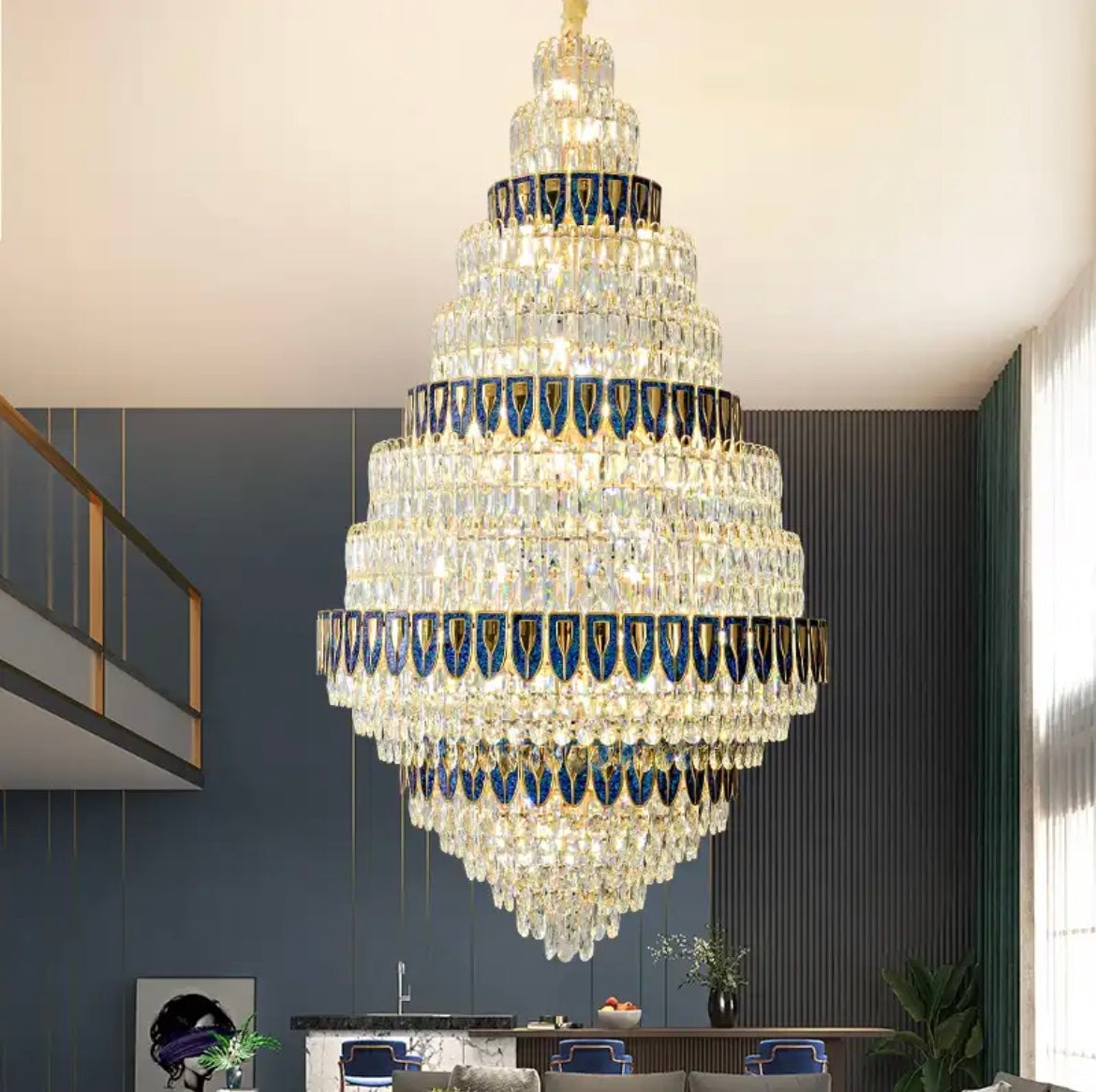 Blue Infused High-End Villa Chandelier with crystal-clear and blue glass elements