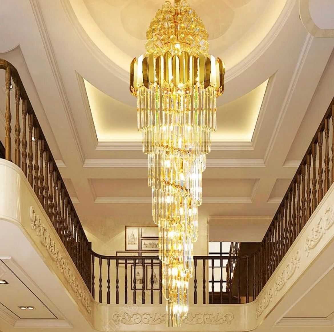 Cascading cone staircase chandelier featuring LED-compatible lighting