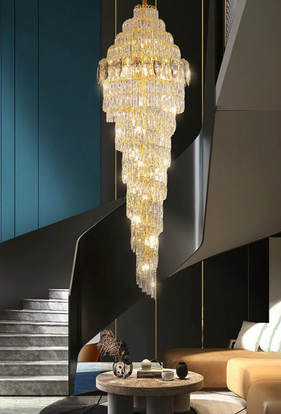 Cascading dual-layer crystal chandelier providing elegant lighting