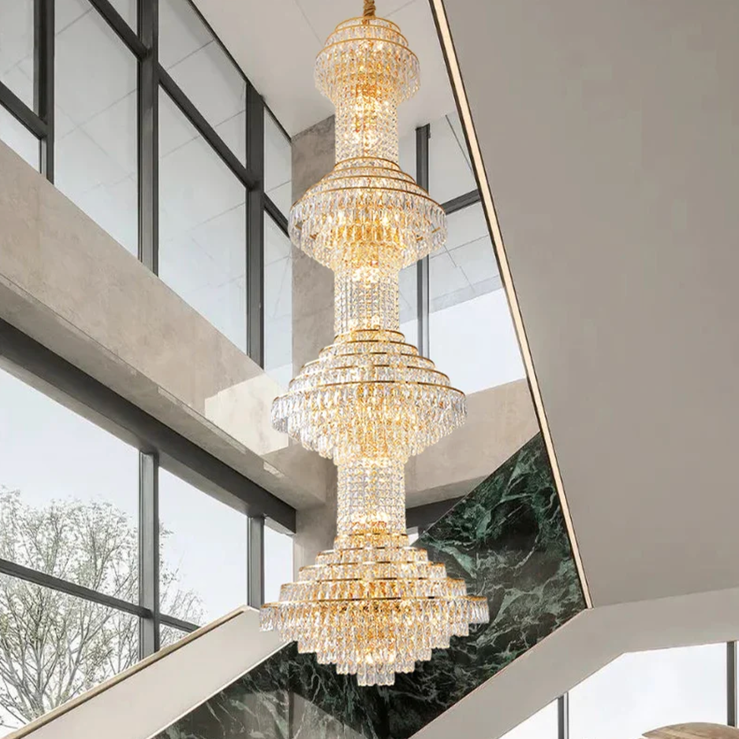 chandelier over staircase