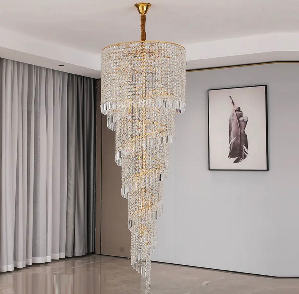 spiral chandelier with gold and crystals