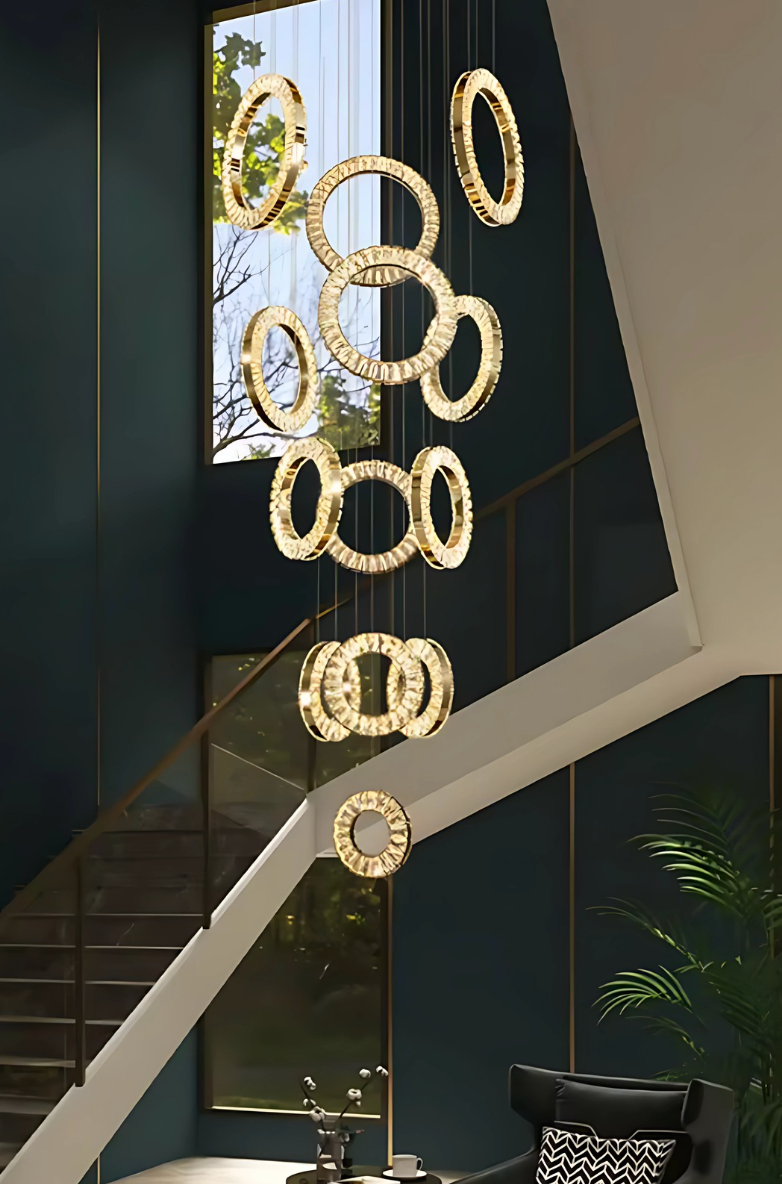 Gold & crystal hanging staircase chandelier 