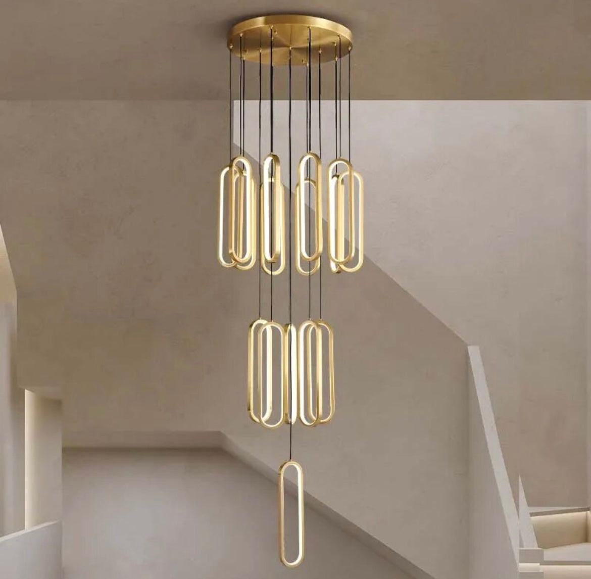 Copper long staircase pendant light for high ceilings