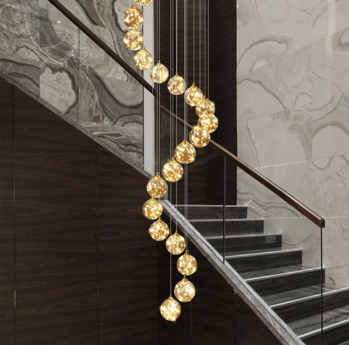 Copper stars long staircase chandelier for high ceilings