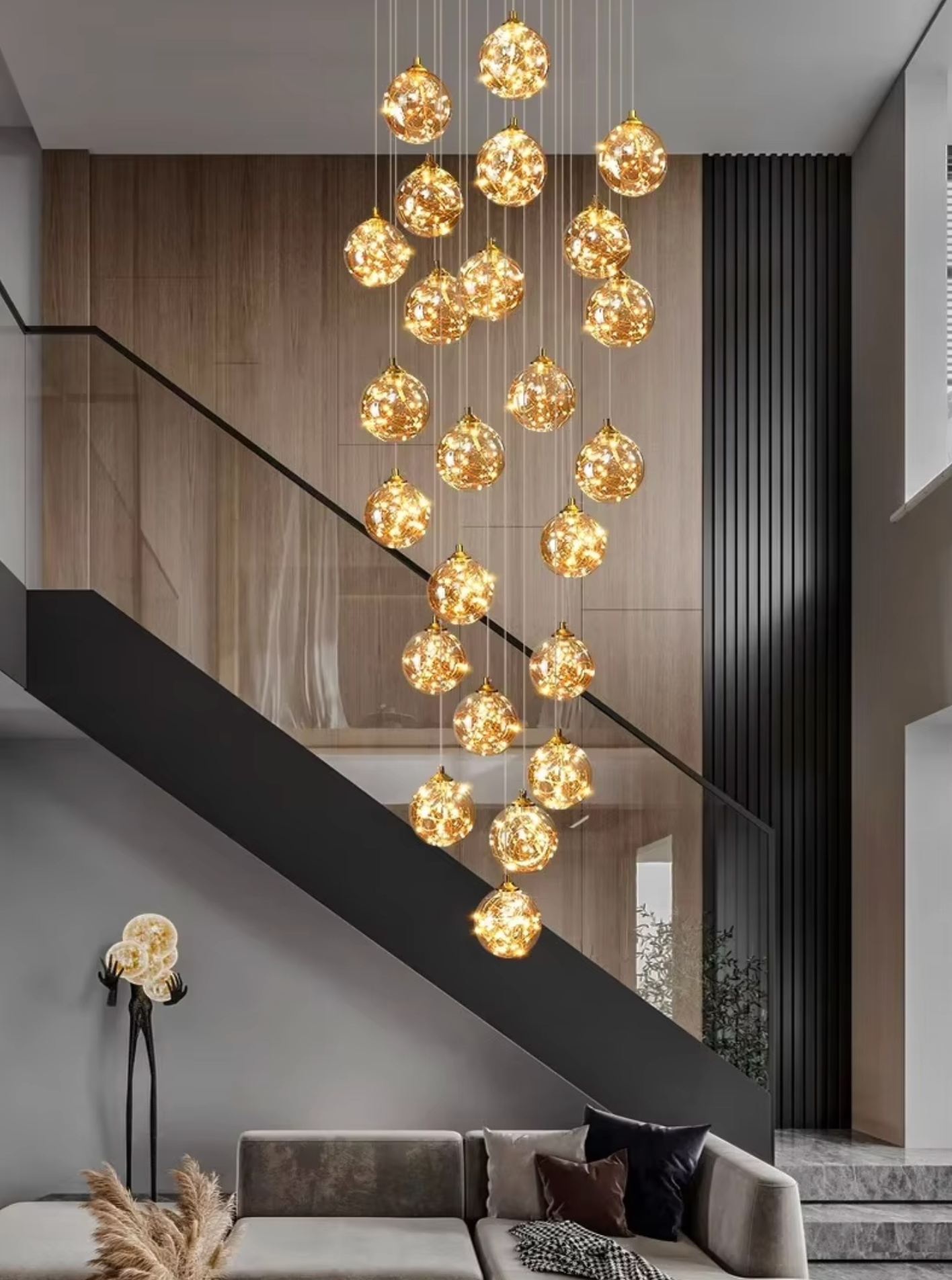 Copper stars long staircase chandelier for high ceilings