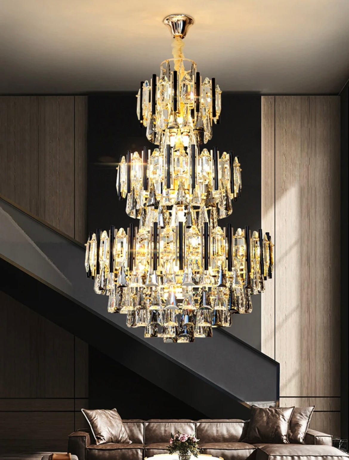 Luxury crystal chandelier designed for high-ceilinged stairwell