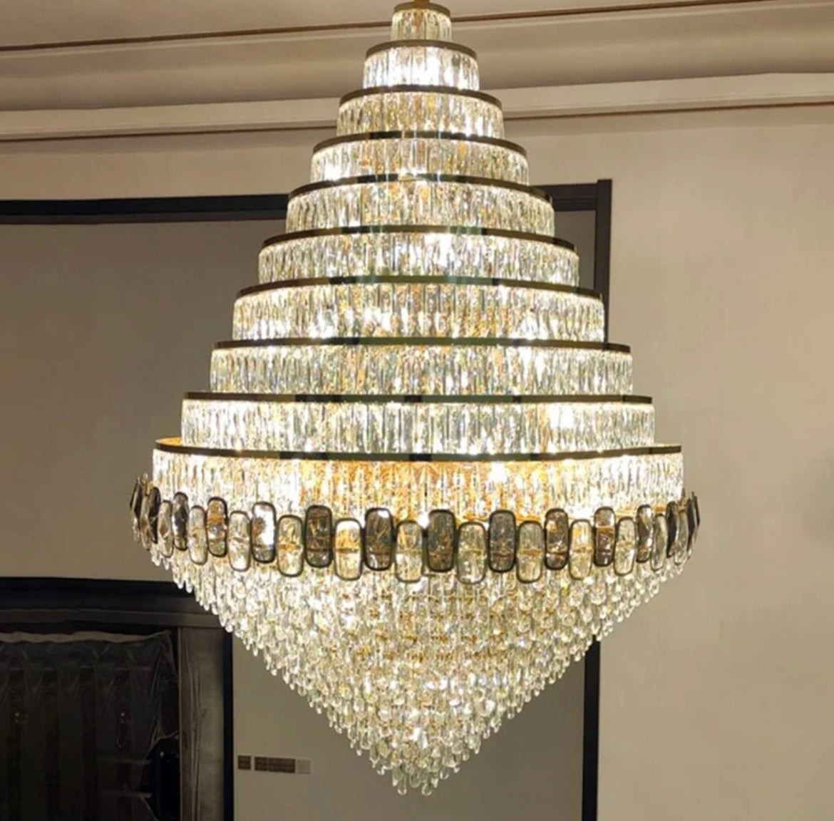 Crystal hanging staircase chandelier with cascading design