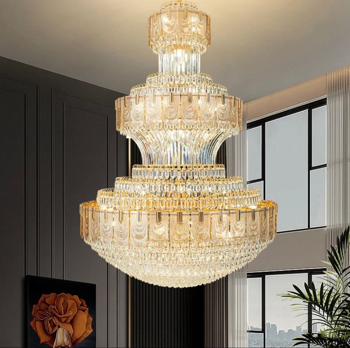 LED Crystal Chandelier designed for high-ceilinged spaces