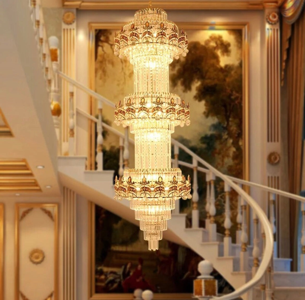 French antique large crystal staircase chandelier with elegant design