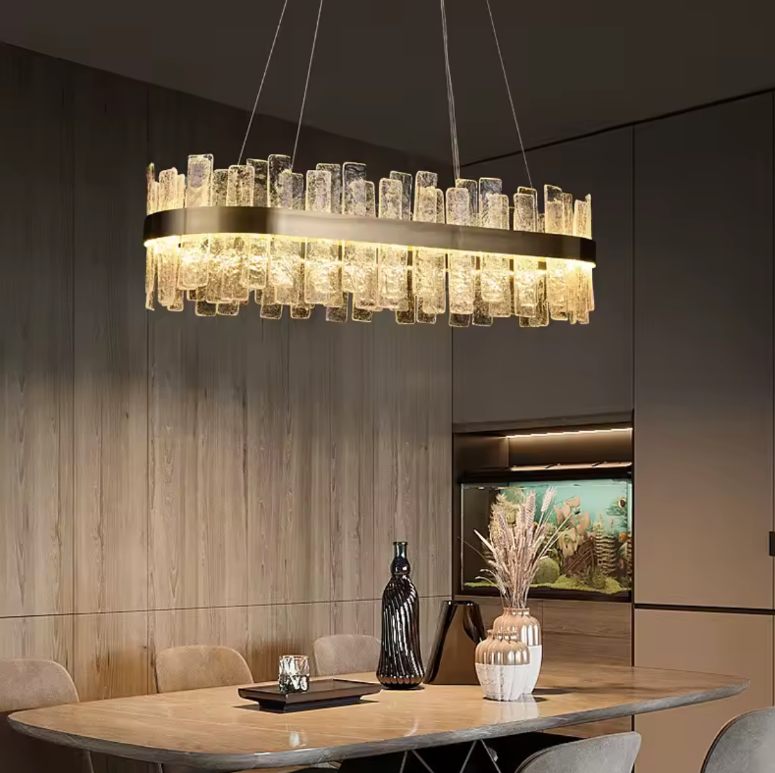 rectangle glass chandelier with gold band