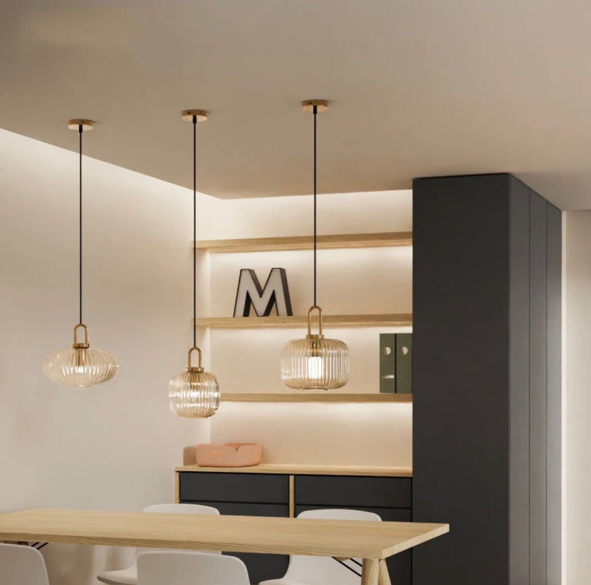 3 Nordic Brass colour Glass Pendant Lights