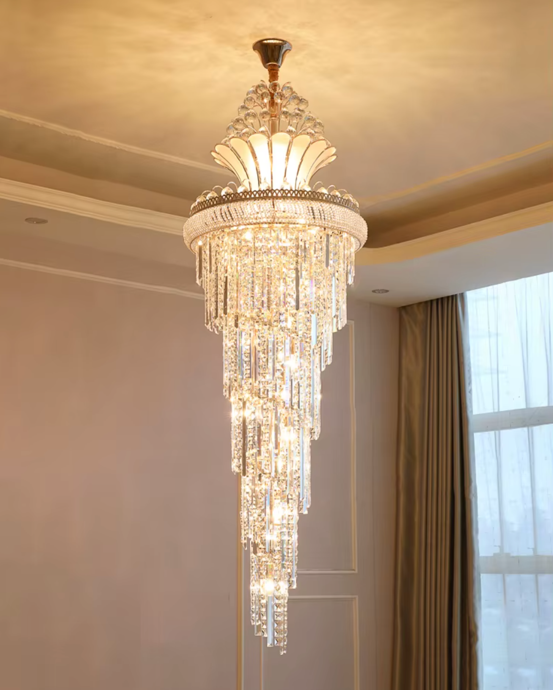 Gold Imperial Swan Crystal Chandelier illuminating a staircase with elegance