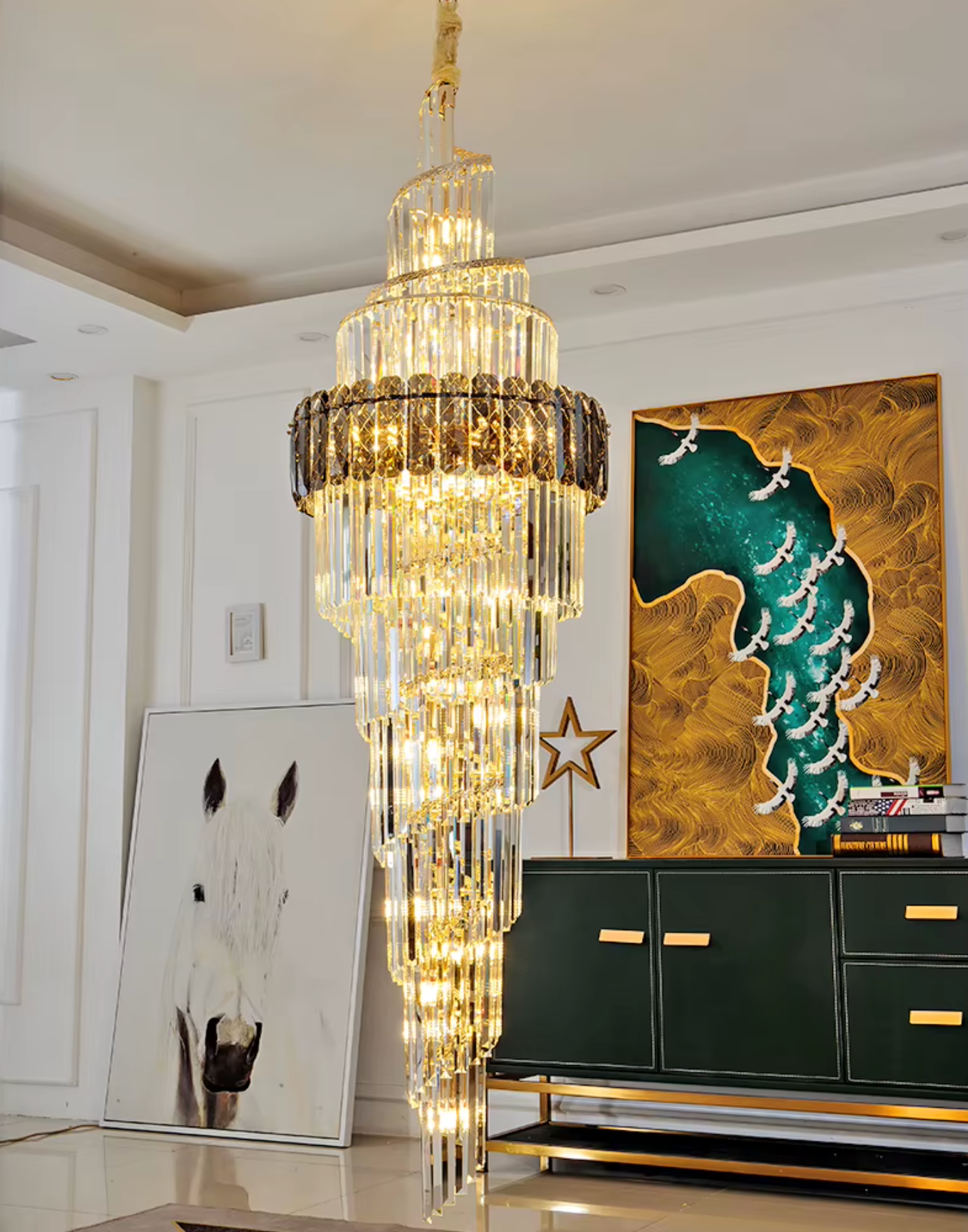 Adjustable height crystal chandelier for high spaces