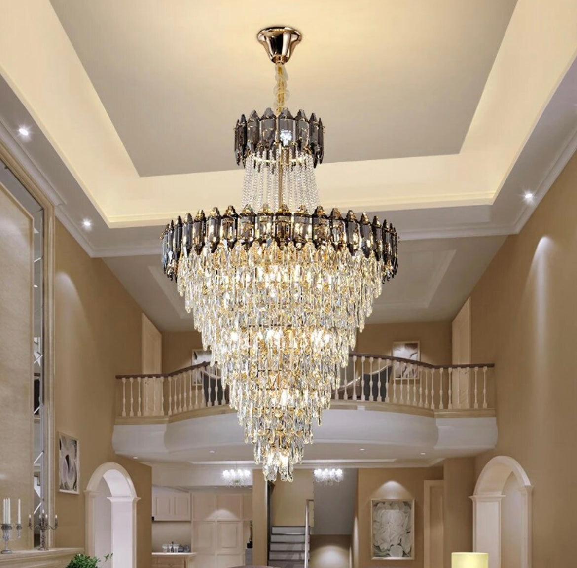 grey and crystal hotel lobby chandeliers