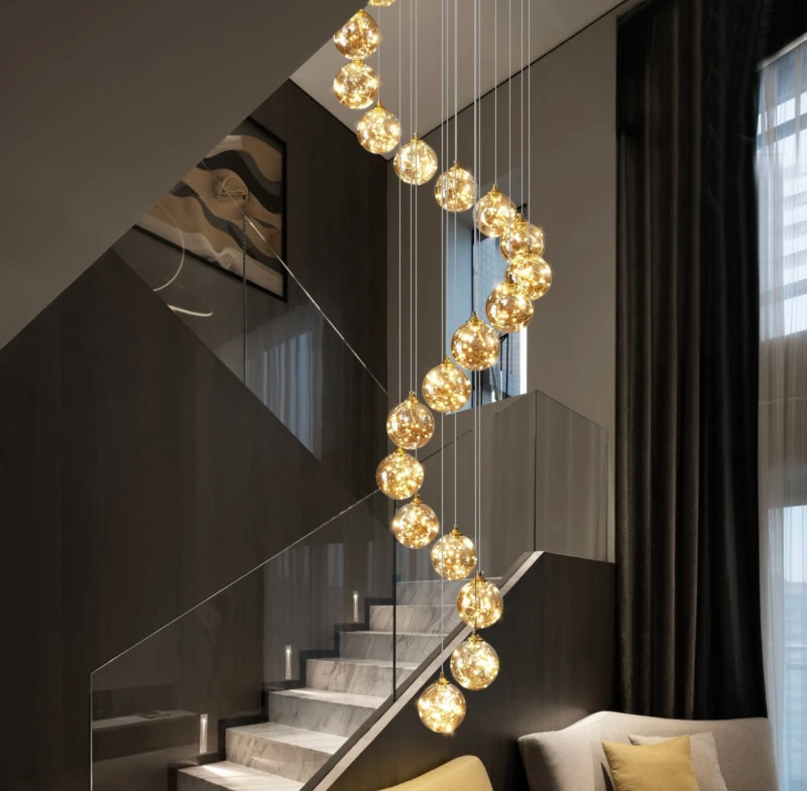 Copper Stars Long Staircase Chandelier