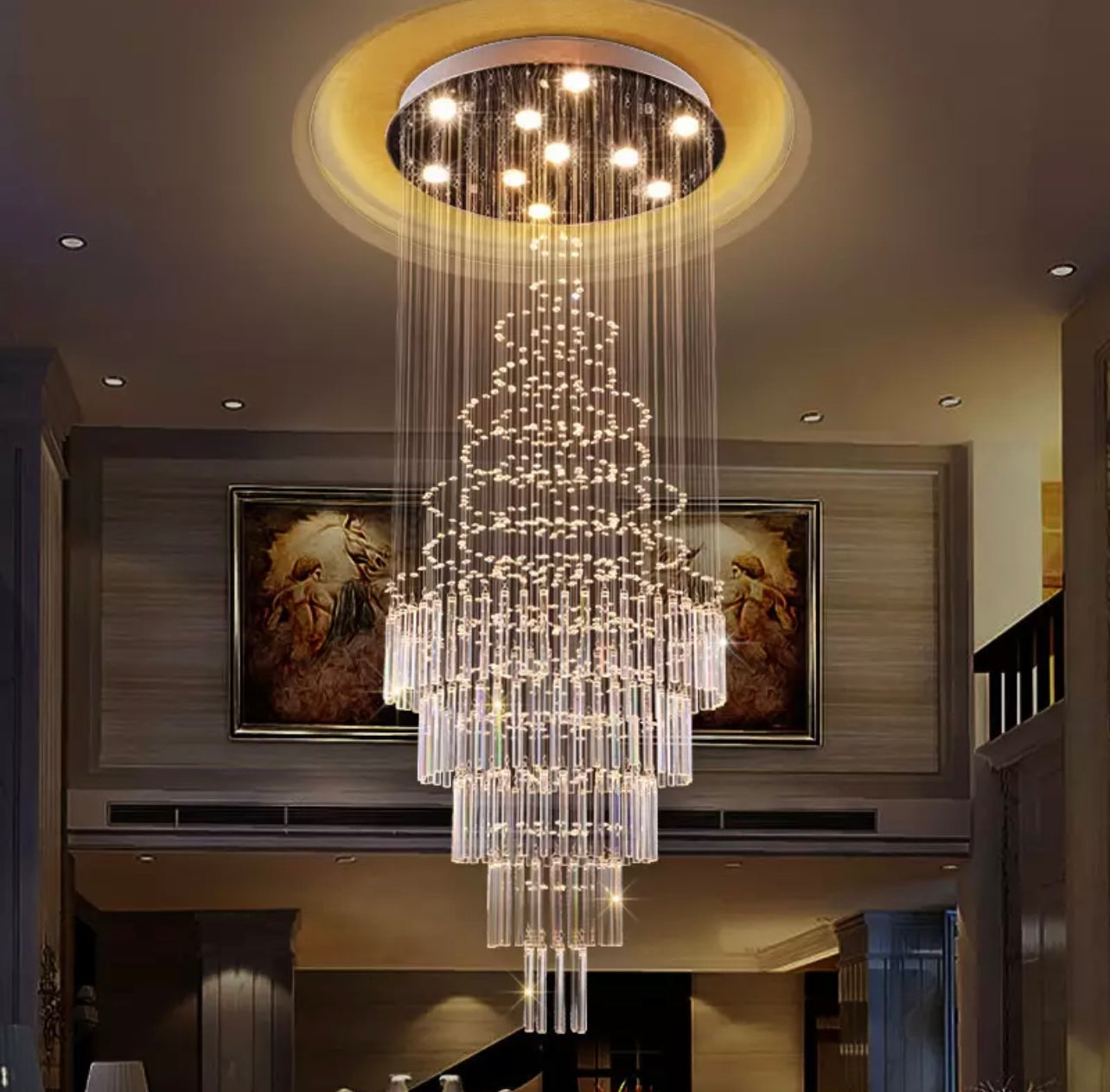 K9 crystal LED staircase chandelier with a sleek, long design