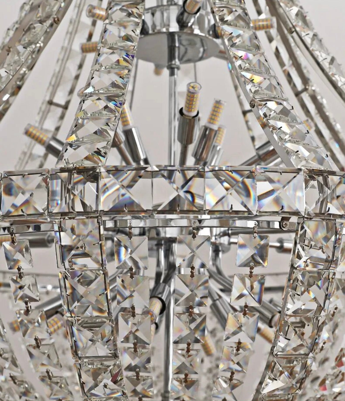 LED-compatible rhombus crystal pendant chandelier in a contemporary home