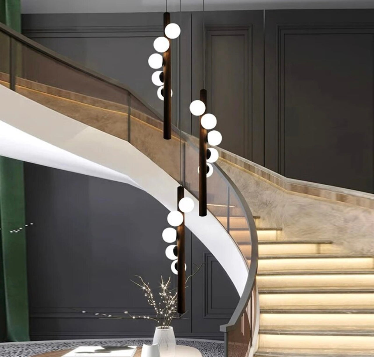 LED-compatible hanging ball spiral light illuminating a high-ceiling space