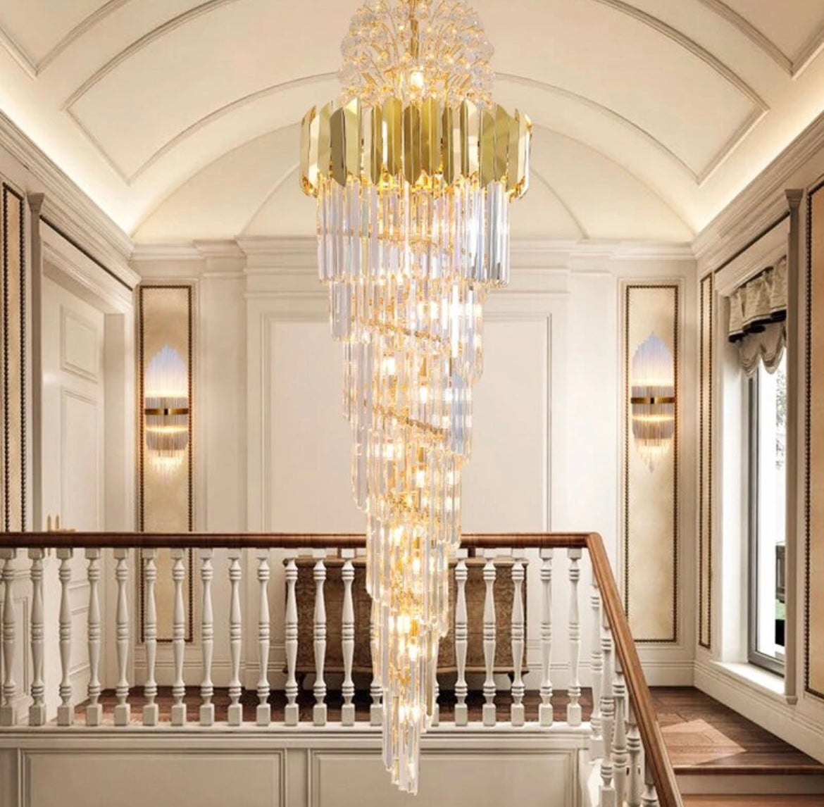 Luxury crystal cone chandelier providing modern lighting for high-ceilinged homes