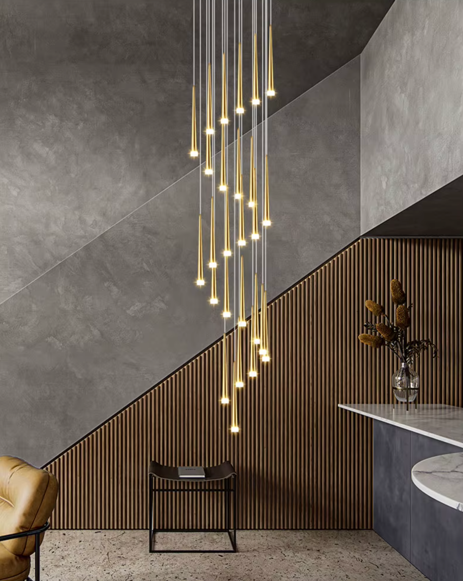 Modern gold chandelier featuring energy-efficient LED lighting