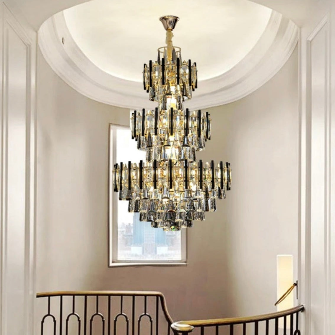 Modern hollow crystal chandelier enhancing a grand staircase