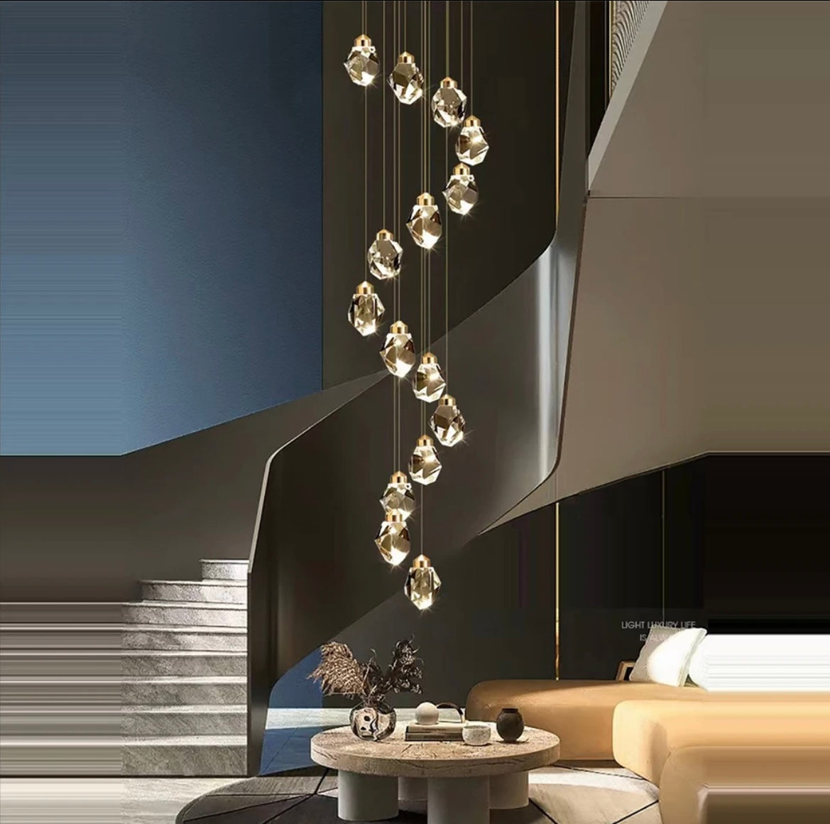 Extra long modern crystal chandelier for staircase