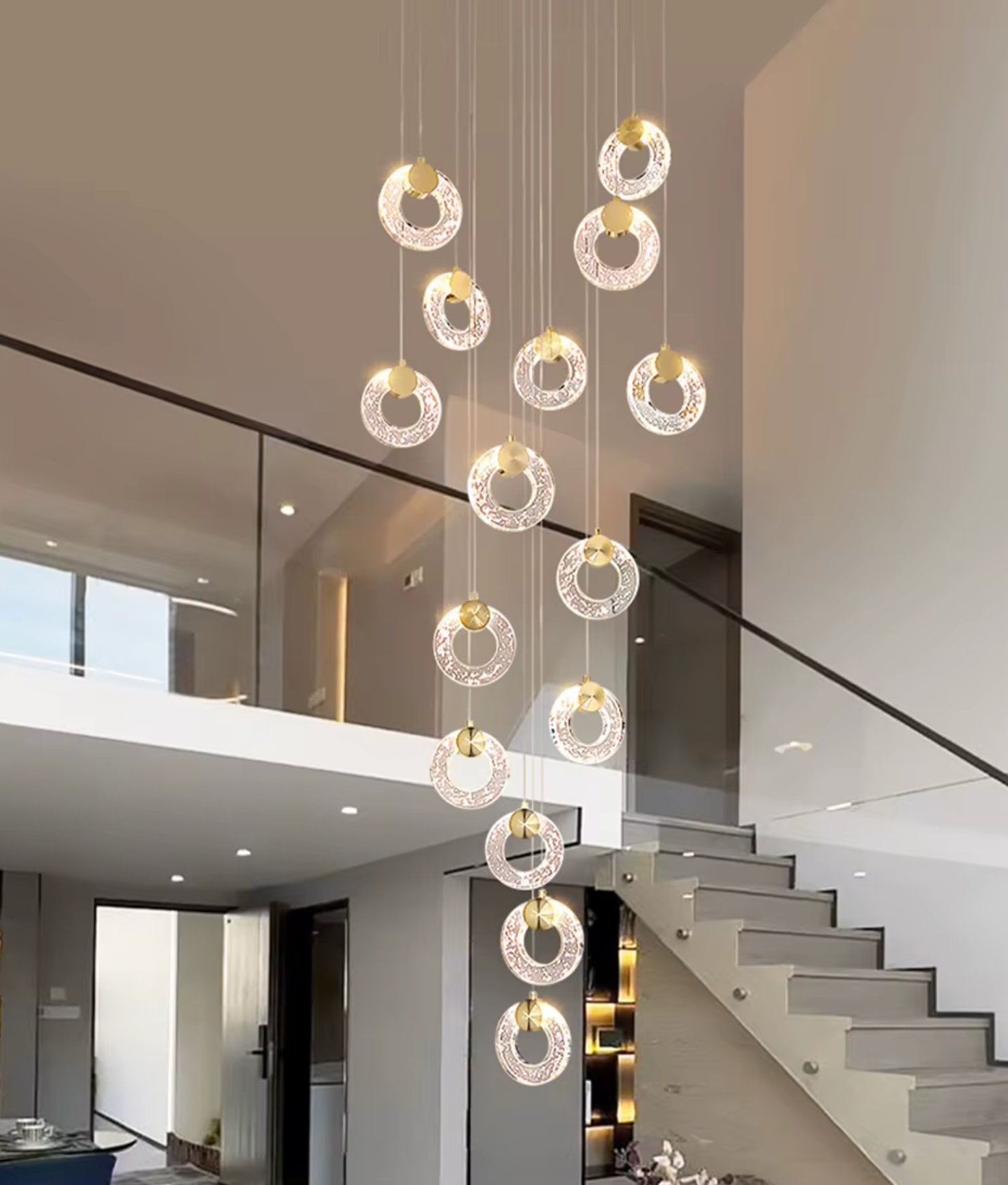 Modern luxury lighting with a crystal hoop chandelier design