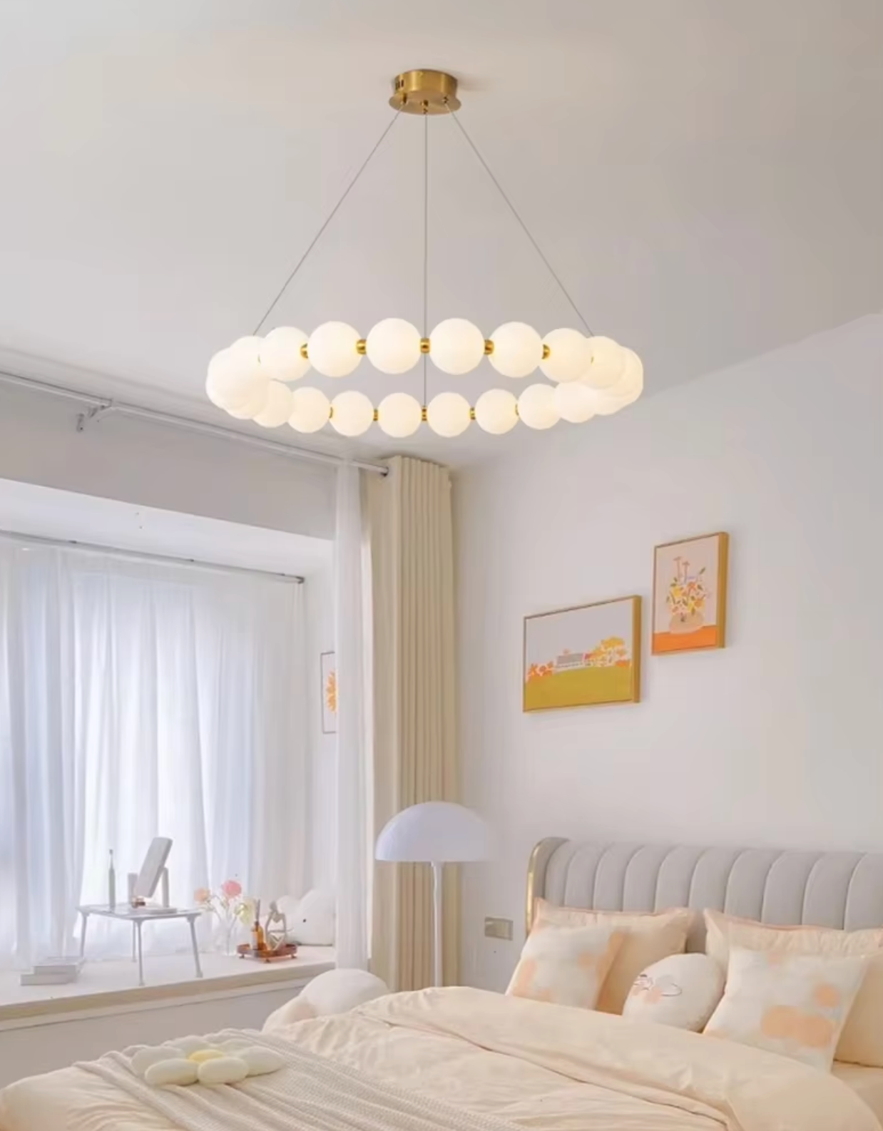 Adjustable pearl design pendant light adding elegance to a bedroom