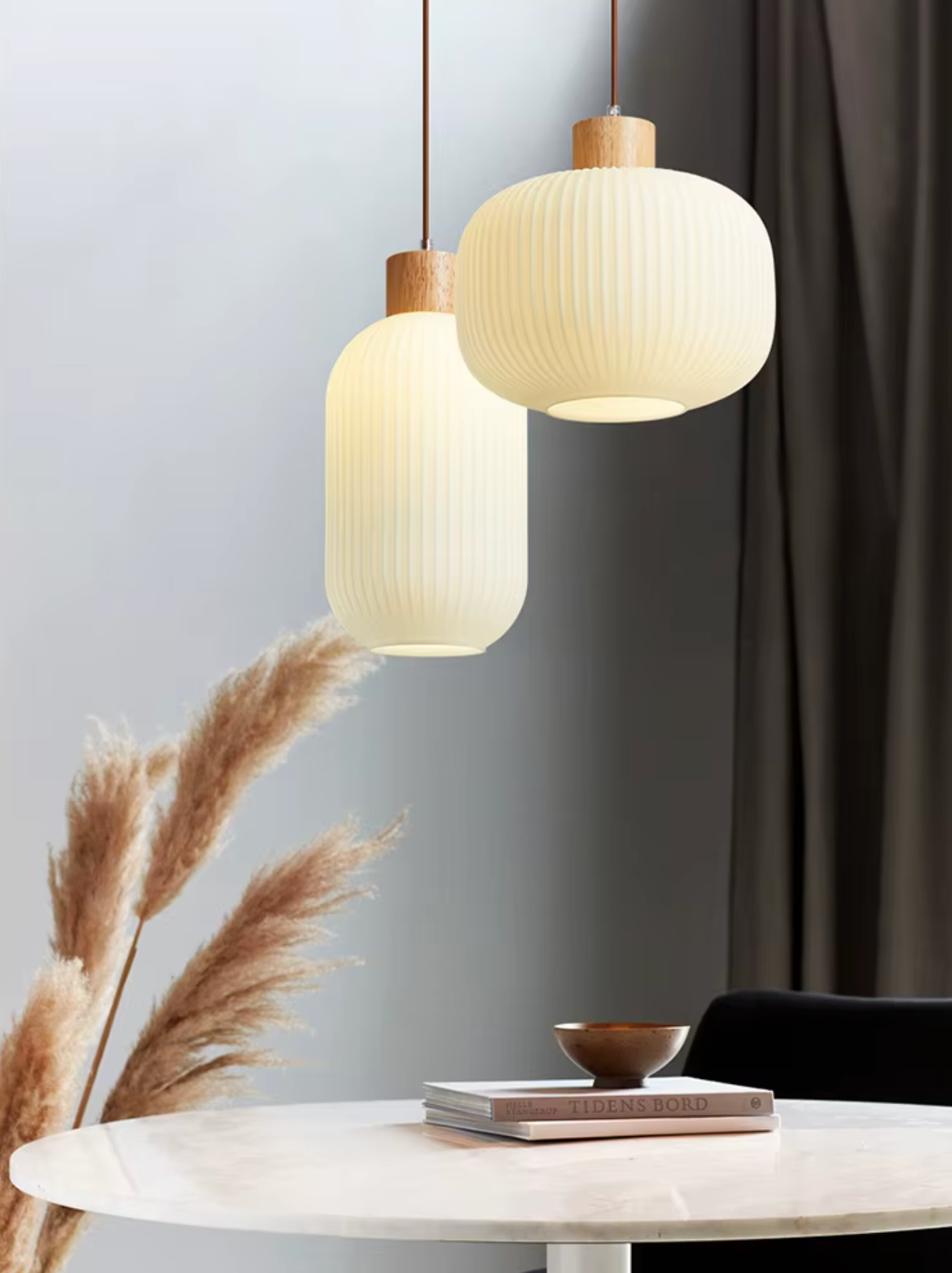 pendant light white glass with wood and brown cord