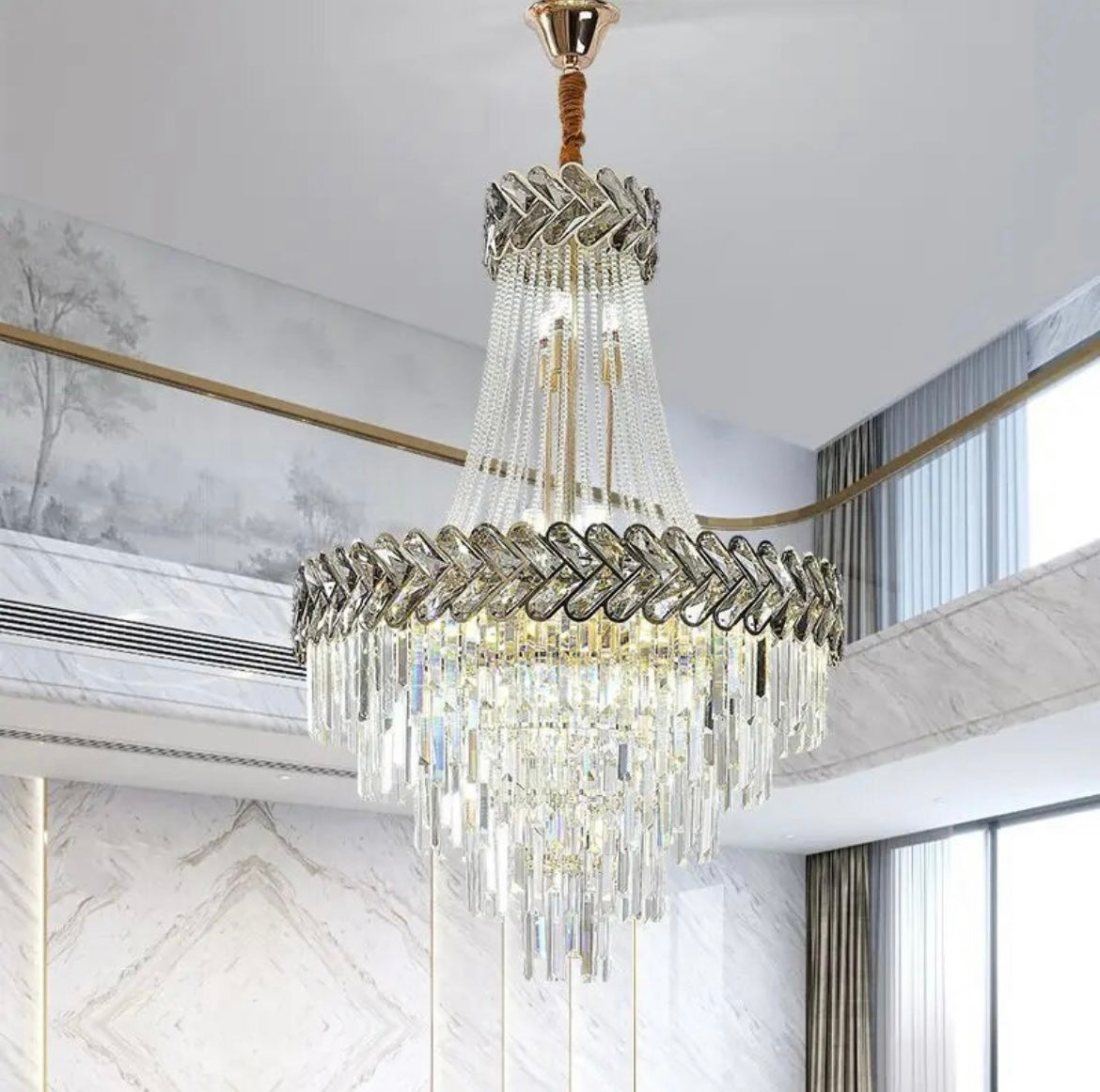 Premium LED crystal chandelier with cascading crystals for stairwell spaces