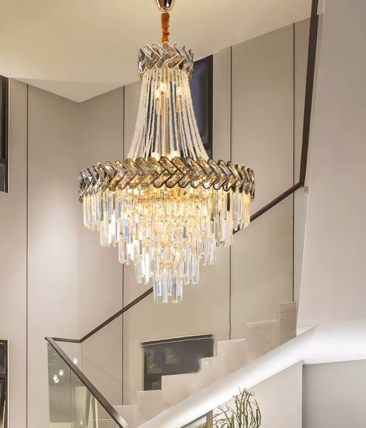 Premium LED crystal chandelier with cascading crystals for stairwell spaces