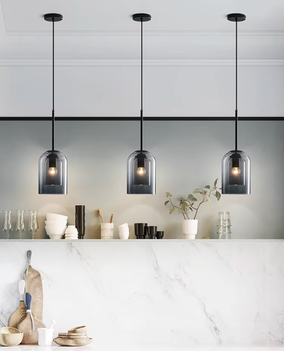 3 hanging black smoked glass pendant light